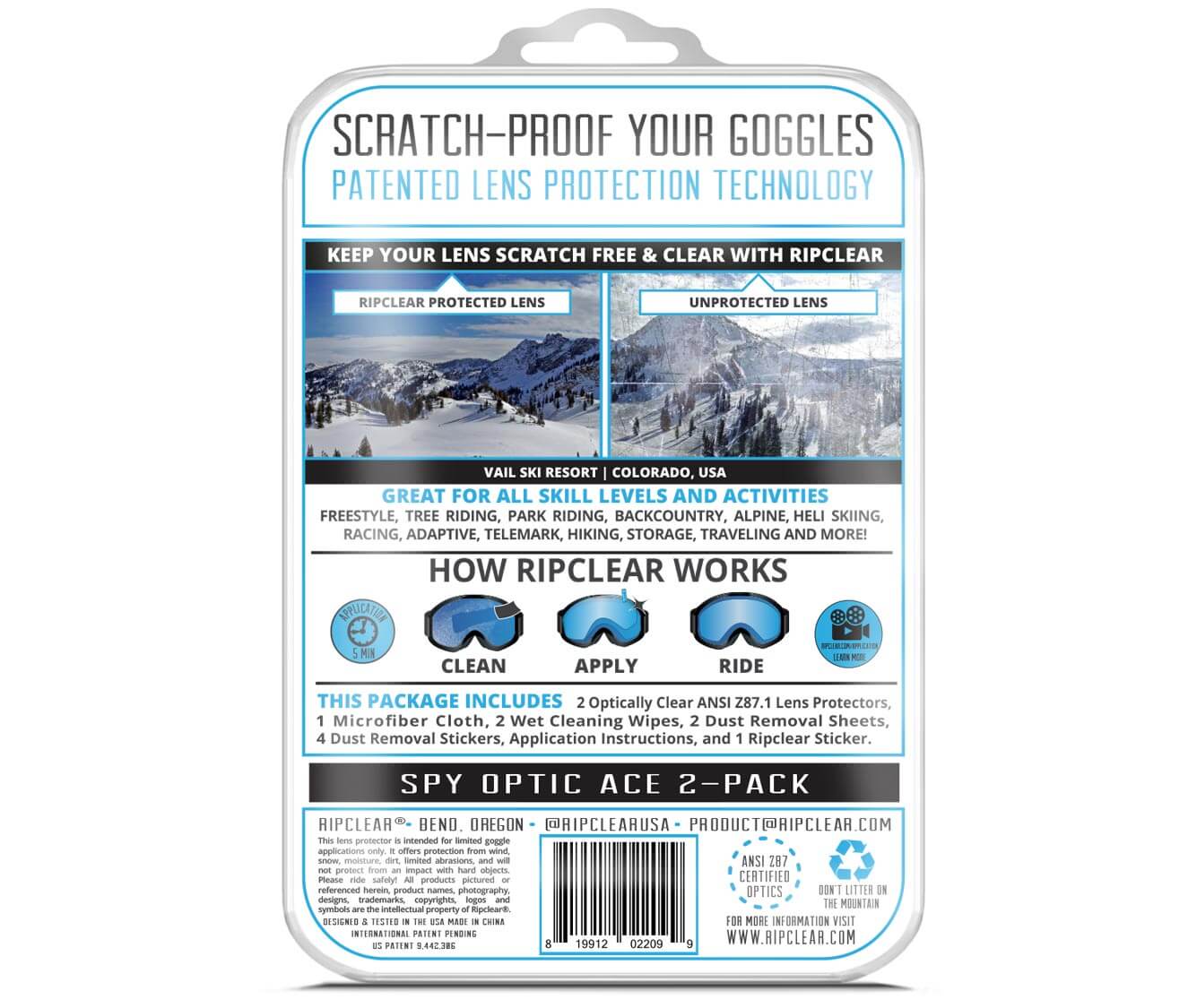 Ripclear Spy Optic Ace Snow Goggle Lens Protector (Universal Fit) - 3 Pack