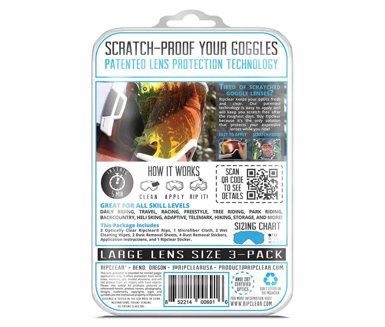 Ripclear Cylindrical Large Universal Snow Goggle Lens Protector - 3 Pack