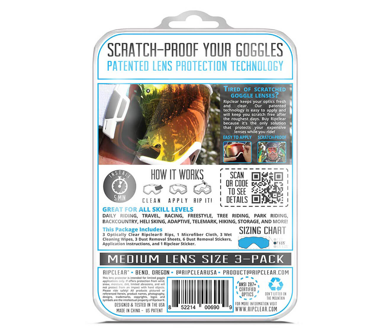 Ripclear Cylindrical Medium Universal Snow Goggle Flat Lens Protector - 3 Pack