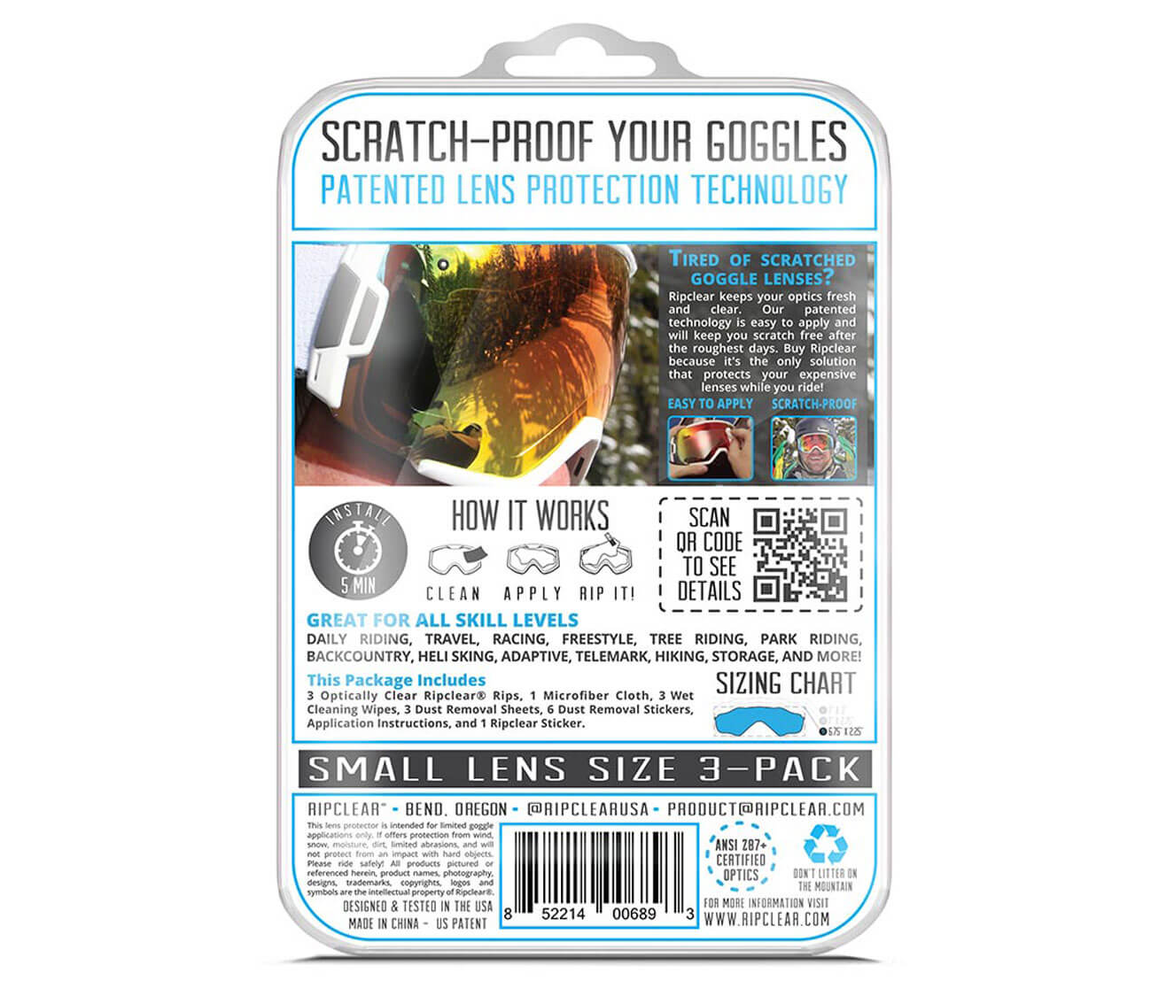 Ripclear Cylindrical Small Universal Snow Goggles Flat Lens Protector - 3 Pack